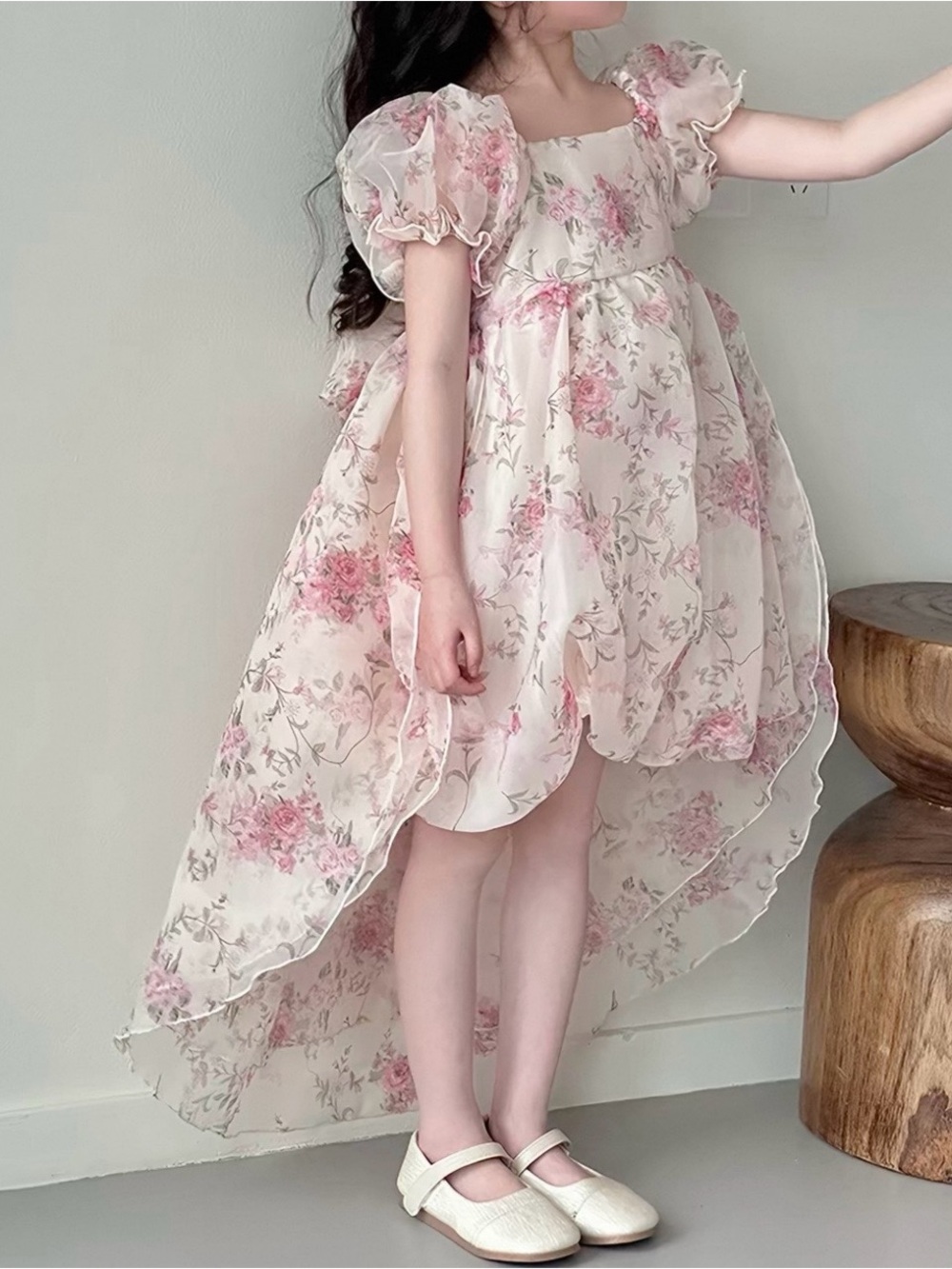 Elegant Pink Floral High-Low Puff Sleeve Dress for Girls